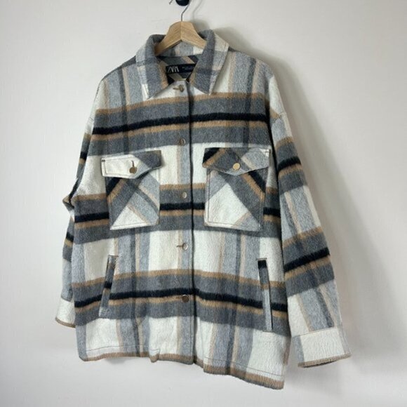 ZARA Beige Plaid Button Down Shacket L - Picture 5 of 7